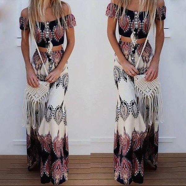 

2020 summer boho strapless slash neck short sleeve crop amp;long skirts fashion print beach maxi skirt suit two piece set, Gray