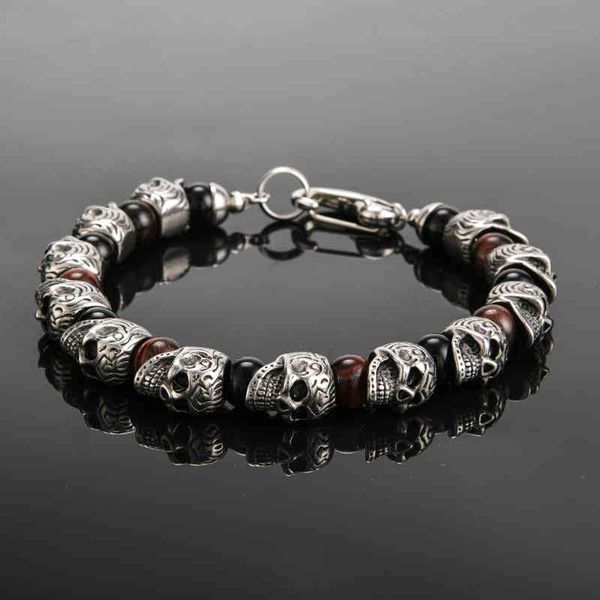 

new beads bracelet 2021 new stainls steel skull bracelet natural stone beaded bracelet, Golden;silver