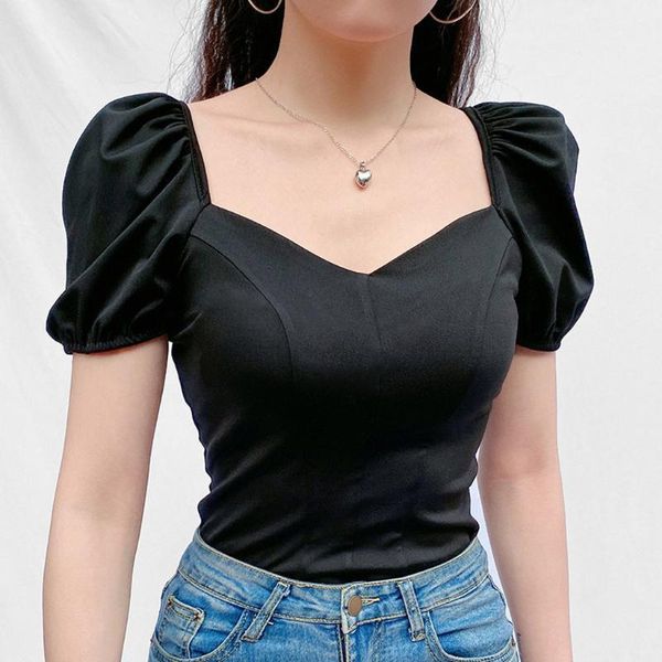 

blusas mujer de moda 2020 cool women blouses square collar vintage solid puff sleeve short sleeve shirt blouse @451, White