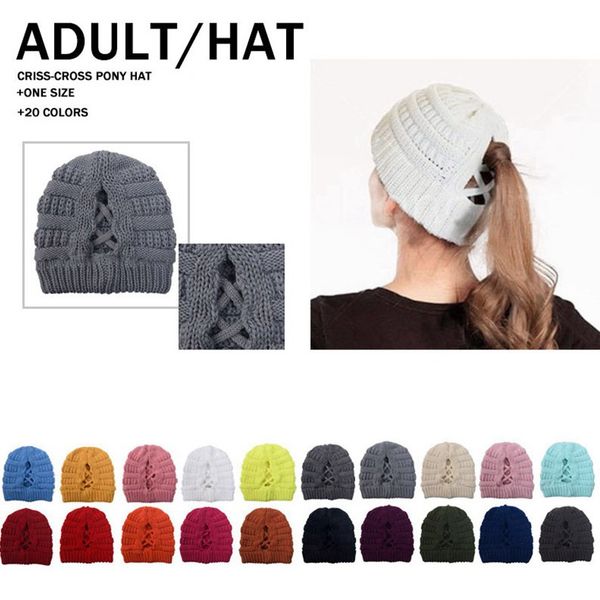 

criss cross ponytail beanie 20 colors winter warm knitted hat women cross ponytail ski cap festive party hats zza, Blue;gray