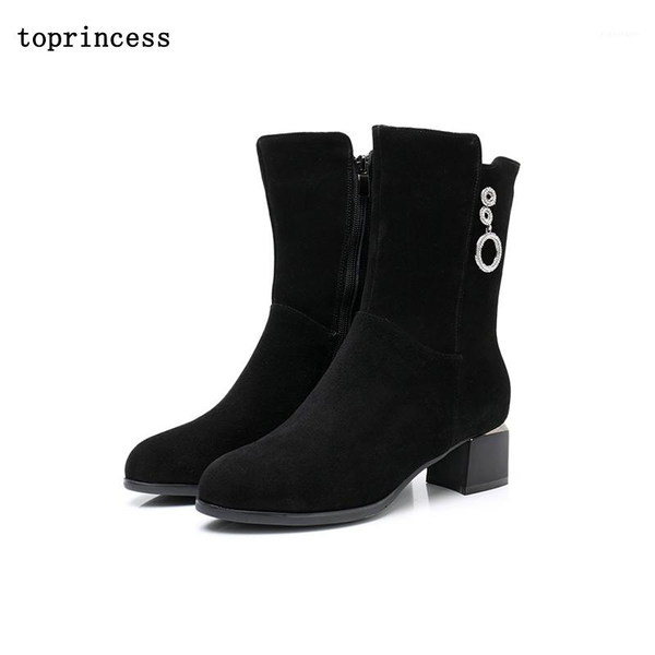

hn08 incess ladies fashion ankle boots winter mid calf leather shoes block heel fall boots 2020 faux fur lined warm1, Black