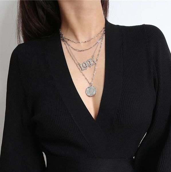 

ae-canfly 2020 new special number choker necklace for women punk layered coin pendant long chain necklace jewelry, Silver