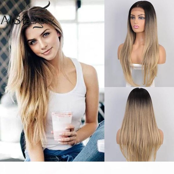 

aisi beauty blonde lace front wigs for women omber blonde long wavy wigs natural middle part heat resistant hair for women, Black