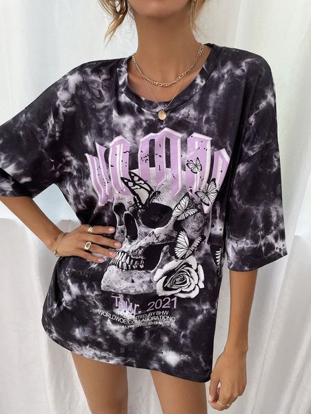 

skeleton and letter graphic tie dye oversized tee e8ry#, White