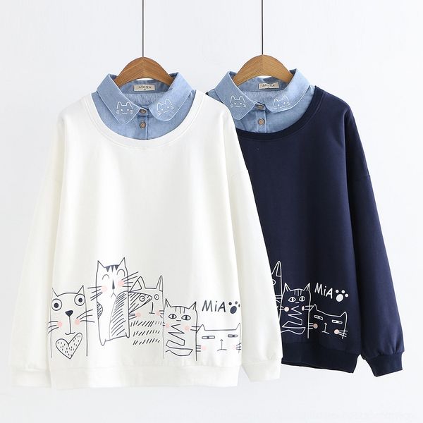 

thl9r spring new cute doll collar kitten printed doll sweater loose denim collar sleeve two-piece long for sweater fake women n4dno, Black