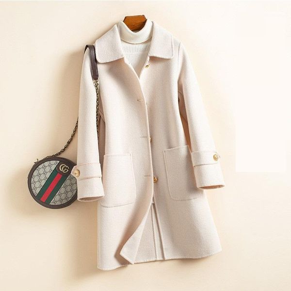 

2020 new women coat warm winter cashmere coat ladies work office elegant vintage long wool blends coats female p671, Black