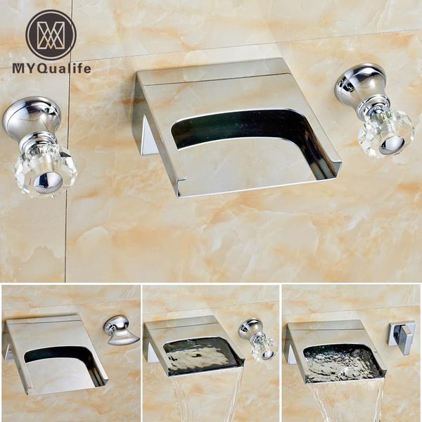 

bright chrome waterfall basin sink mixer faucet dual handle wall mount washing basin taps with dual handles