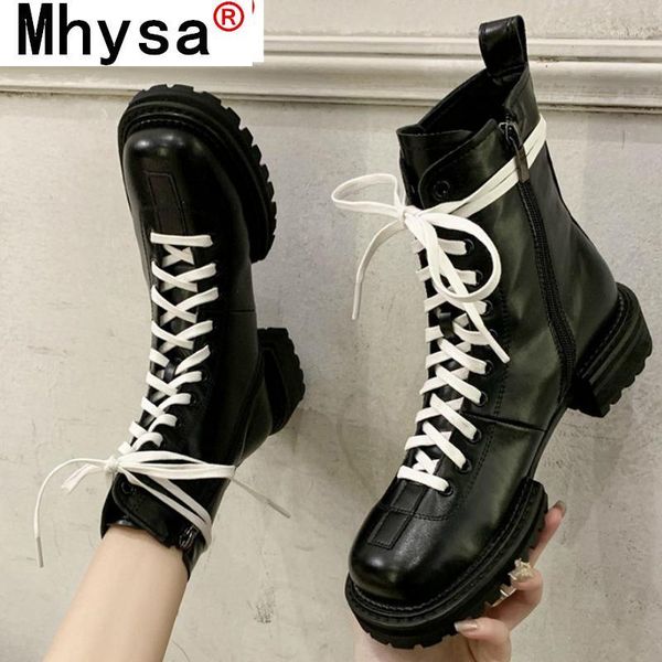 

2020 new pu leather waterproof ankle boots for women autumn winter fashion flat heels lace up botas mujer platform shoes1, Black