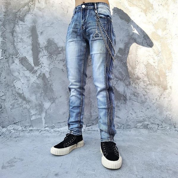 

ewq / men's wear high street vintage light blue jeans for couple patchwork pleated side trendy microelastic trousers 9y35101