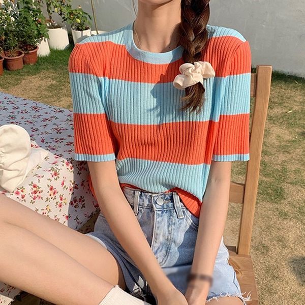 

korean style stripes t-shirt women's casual o neck short sleeve t shirt fashion slim knitted crop, White