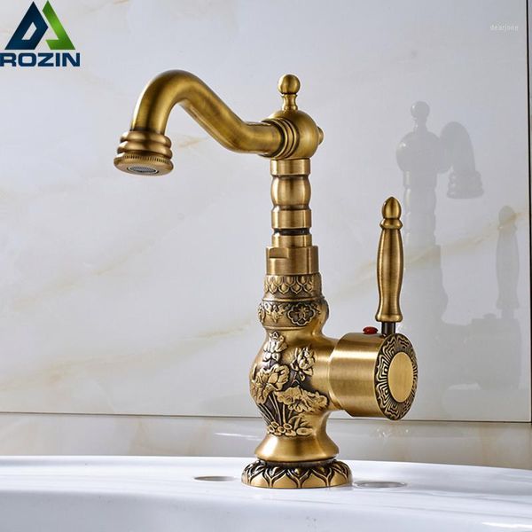 

antique brass basin faucet long nose spout flower carved wash sink tap 360 rotation single handle mixer tap torneiras1