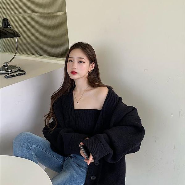

2021 new 2021 spring new 2-piece temperament lazy all-match cardigan sweater + chest wrapped suit women 2eh1, White;black