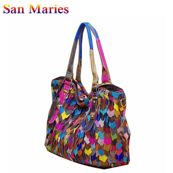 

san maries colorful patchwork cow leather handbags 2020 women casual totes ladies shoulder messenger bags two colors