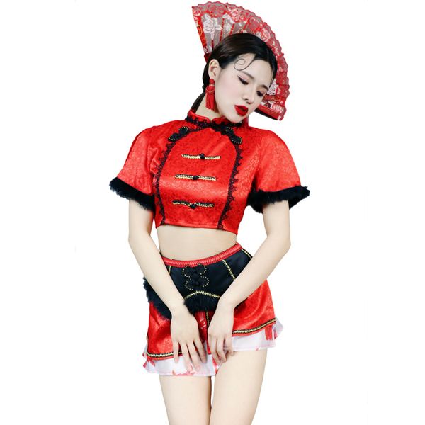 

nightclub singer ds performance costumes women chinese style adults stage rave pole dance clothing festival outfit lady, Black;red