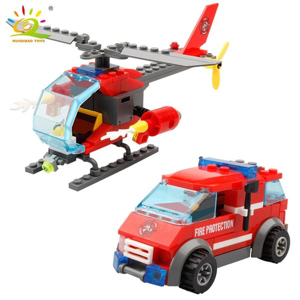 

huiqibao 83pcs firefighting fire helicopter car fireman building blocks bricks city construction educational toys for children qylgmt