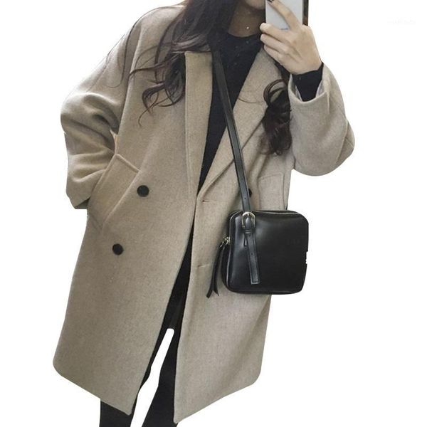 

new thin wool blend coat women solid long sleeve turn-down collar jacket autumn winter elegant double breasted jacket1, Black