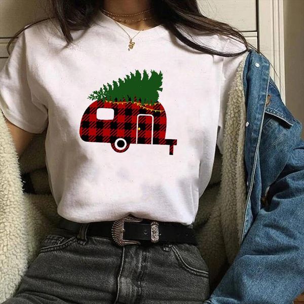 

womens fashion printed plaid car tree holidays merry christmas t shirt female t tee shirt camisas mujer tshirt women, White