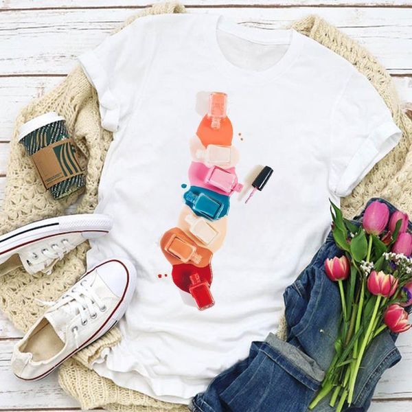 

women t womens graphic 3d finger nail paint color fashion cute printed o-neck tshirt female tee shirt ladies clothes, White