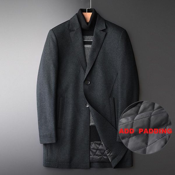 

wool coat winter men luxury mid long add padding thick mens coats and jackets fashion business casual trench men's & blends, Black