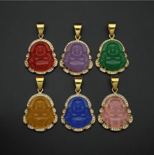 

others apparel gold buddha necklace for women cubic zirconic maitreya buddha pendant gem stainless steel men's jewelry, Black;white