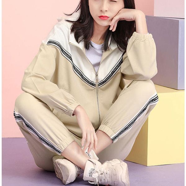 

ladies luxury sports suit fall 2020 new high-end fashion casual two-piece loose running suit, White;black