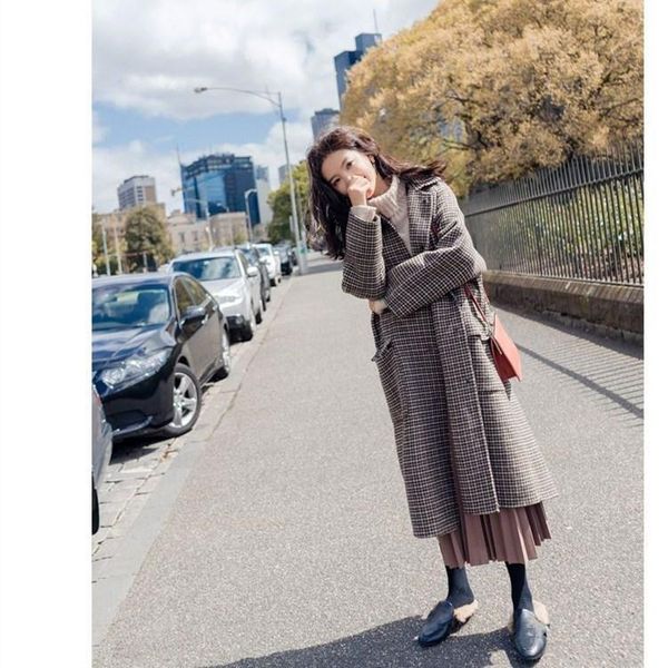 

women turn-down collar warm blends coats autumn winter loose plaid wool outerwear nice single breasted long coat, Black