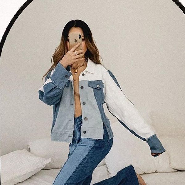 

2021 fall winter women splicing hit color cardigan denim tooling vintage streetwear women fashion jacket white blue jean coats, Black;brown