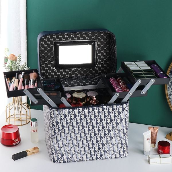 

fashion handbag korean make-up bag double-layer letter portable skin care product storage pu leather box multi-functional size, Red;black