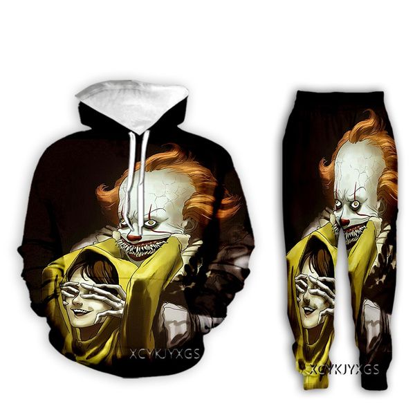 

новые мужчины / womens stephen king's it - pennywise смешные 3d print fashion tracksuits hip hop толстовка и брюки 2 шт набор толстовок z07, Gray
