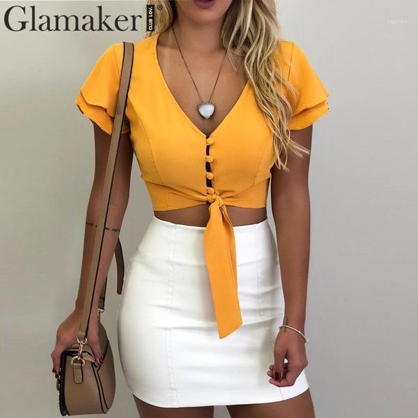 

glamaker chiffon v-neck yellow ruffle women short sleeve buttons summer crop shirt holiday beach elegant white