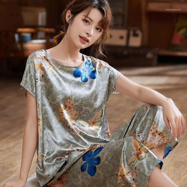 

women's sleepwear summer flower print 110kg women silk pajamas set cropped pant short sleeve pyjamas o neck large size pajama l-5xl 401, Black;red