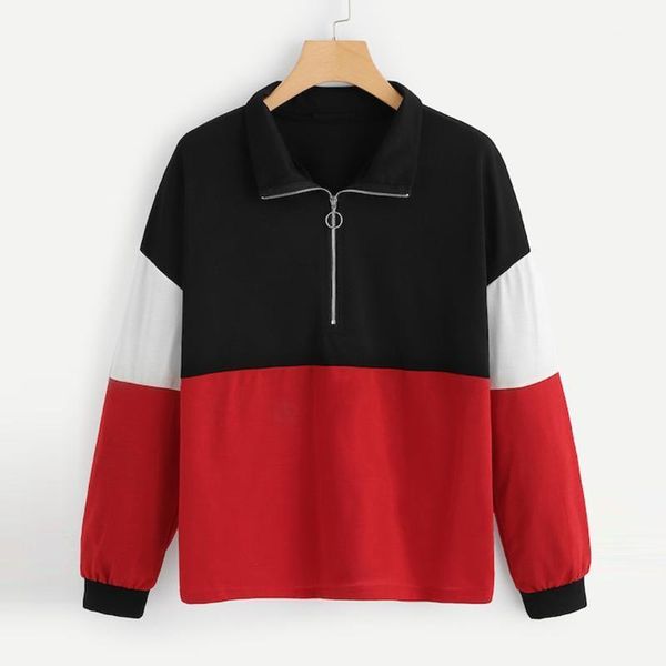 

women's zipper hooded collar long sleeve stitching color matching loose sweatshirt autumn and winter sweatshirt casual jacket1, Black