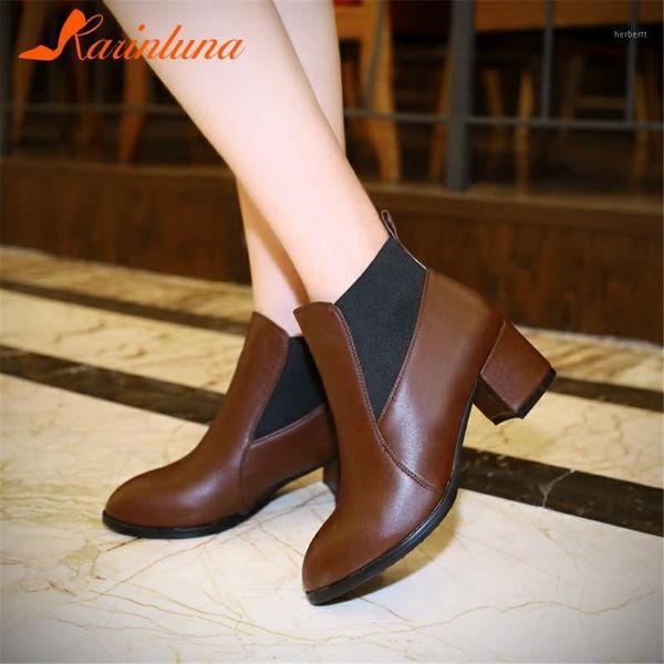 

boots 2021 arrival shoes women ladies pointed toe slip-on patchwork ankle thick heels casual1, Black