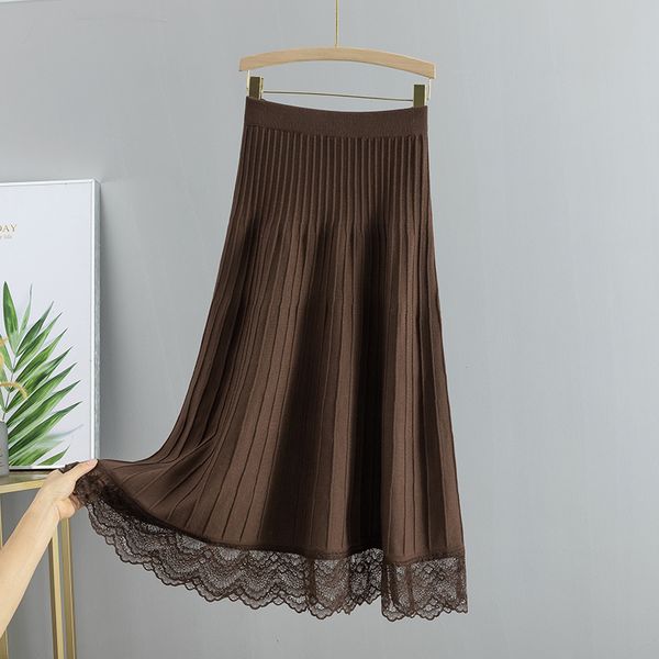 

2021 new autumn winter long knit women lace high waist a line skirt rib thick warm midi party skirts female 8uia, Black
