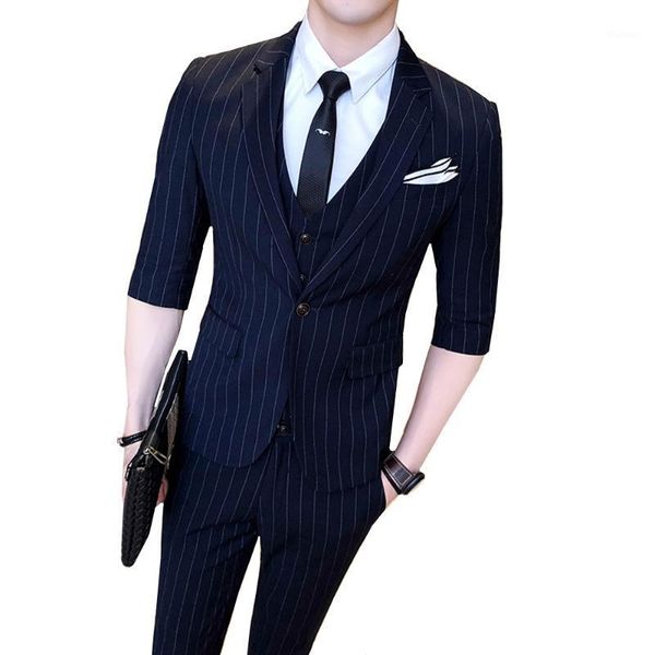

2020 new summer single breasted suit men business casual half sleeves stripe slim fit blazer wedding dress (jackets+pants+vest)1, White;black