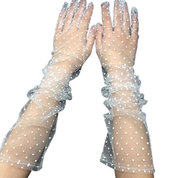 

five fingers gloves vintage polka dot lace long female semi sheer mesh tulle 38cm solid color bridal wedding sun protection mittens, Blue;gray