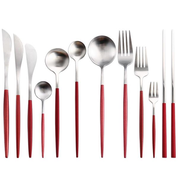 

red silver cutlery set aristocratic party wedding home restaurant western tableware steak knife fork coffee spoon teas bbyftq