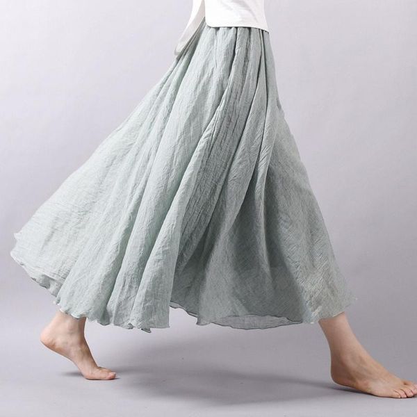 

skirts long skirt women linen summer a-line solid casual big swing loose ankle-length womens lugentolo, Black