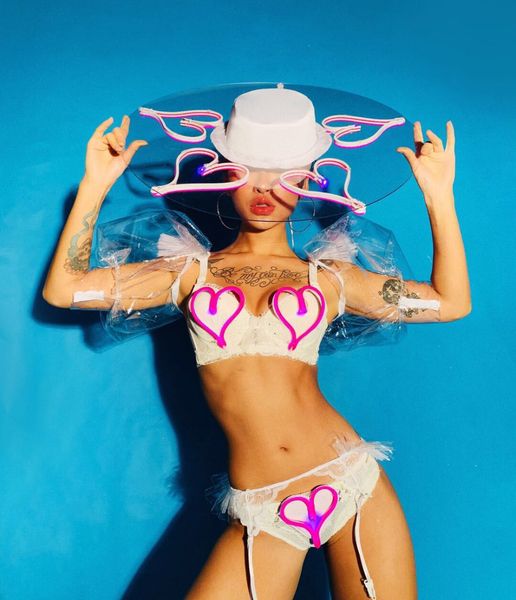 

woman love heart sweet stage party costume dropshiping nightclub bar led lighting bikini dance costumes, Black;red