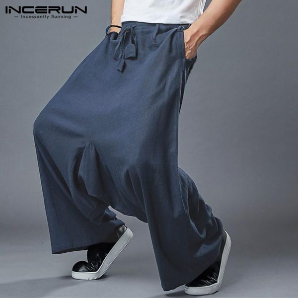 

men's pants incerun men wide leg solid retro drawstring joggers drop crotch trousers loose cotton streetwear irregular harem, Black