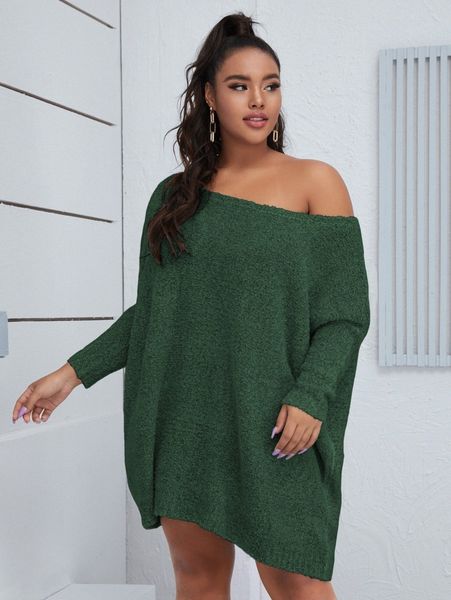 

plus solid batwing sleeve sweater dress z4xb#, Black