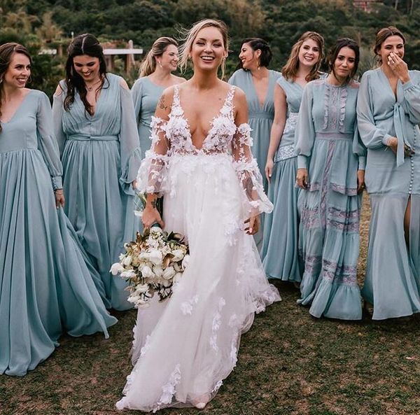 

2021 bobo wedding dresses illusion long sleeves straps deep v neck 3d floral applique custom made wedding gown vestido de novia, White