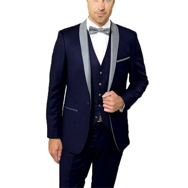 Классический Groomsmen шаль Светло-серый отворотом Groom Tuxedos синий Мужские костюмы Свадебные / Пром / Dinner Best Man Blazer (куртка + штаны + Tie + Vest) K728