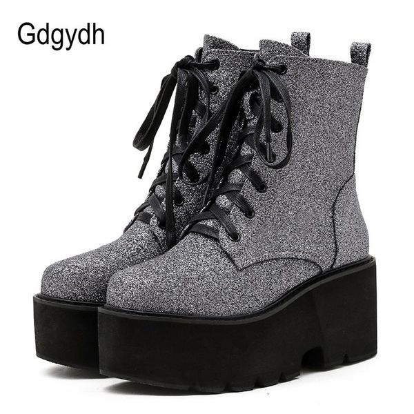 

gdgydh fashion bling western ankle boots for women black silver platform chunk heel ladies gothic boots lace up ins products