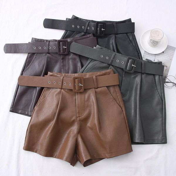 

2020 new pu leather shorts women shorts all-match sashes wide leg short ladies leather autumn winter, White;black