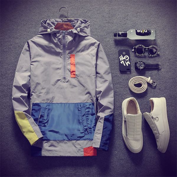 

fall fashion color patchwork pilot jacket men casual windbreaker zipper thin section hooded men's jacket outdoor jacket coat 201105, Black;brown