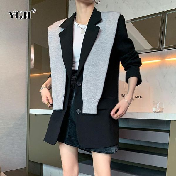 

vgh patchwork loose blazer for women notched long sleeve hit color temperament black casual blazers female fashion new clothing1, White;black