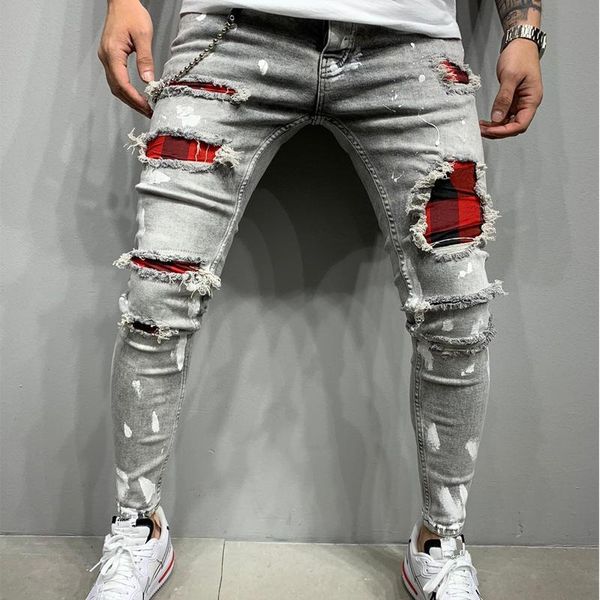 

men stretchy ripped skinny moto & biker jeans destroyed hole slim fit denim pants big size hip-hop casual kg-344, Blue