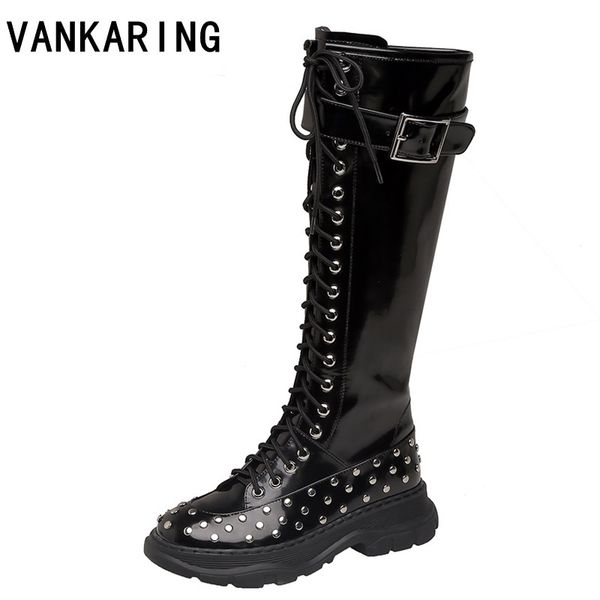 

коренастый платформы смешанная кожа колено высокие сапоги женские ретро панк заклепки высота увеличение длинные сапоги женщина зашнуровать п, Black