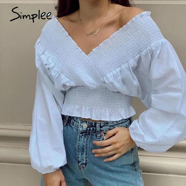 

women's blouses & shirts simplee ruffed v-neck off shoulder vintage blouse women loose casual solid short shirt long sleeve retro stree, White